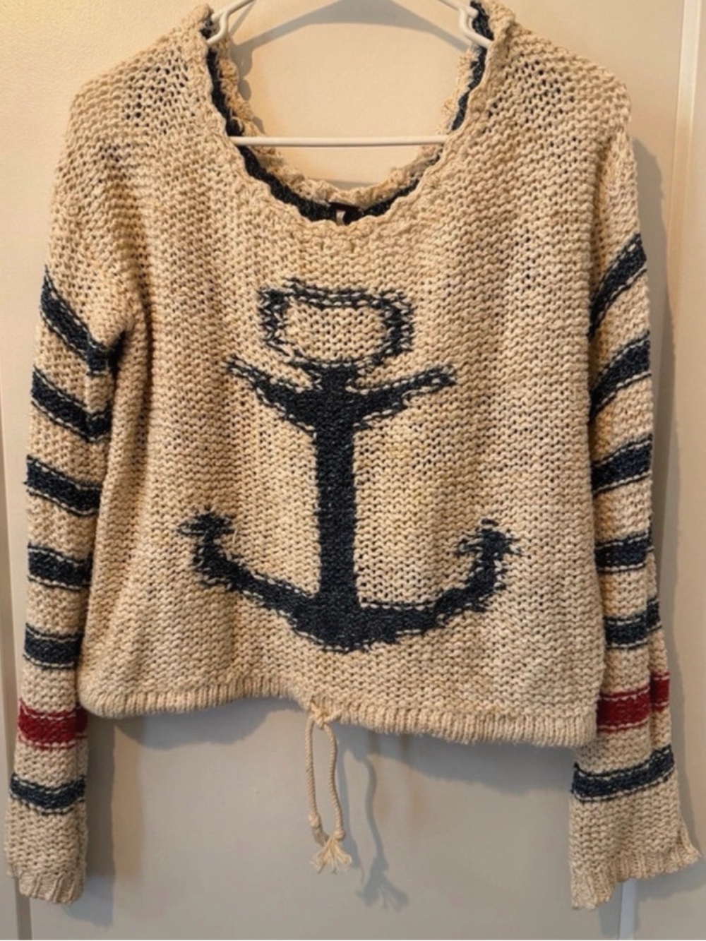 Free People Nautical Anchor Knit Sweater - Cream with Navy & Red size M - Picture 4 of 6